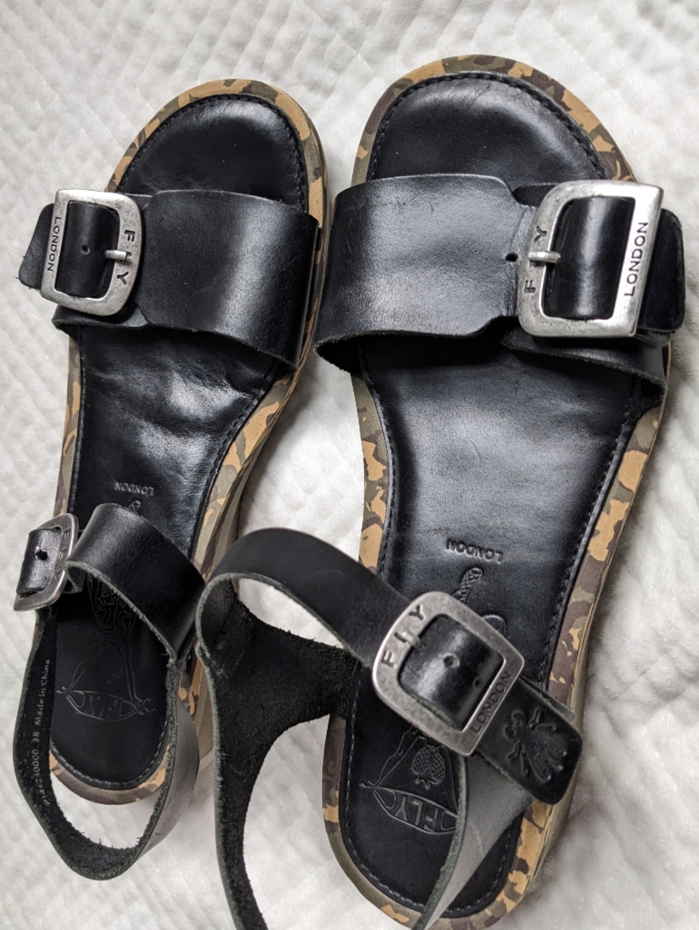 Fly London Comb Sandals Women EU 38 / US 7.5 Black Ankle Strap Low Wedge